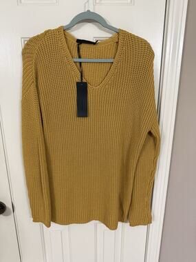 JENNI KAYNE Cotton Cabin V Neck Long Sleeve Fisherman Sweater in Mustard S $295